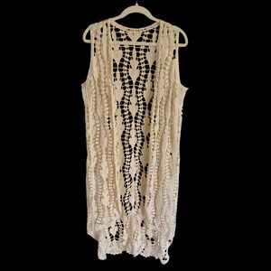 One size Cream Crochet Lace Longline Vest‎ Cotton Open Front Boho Sleeveless